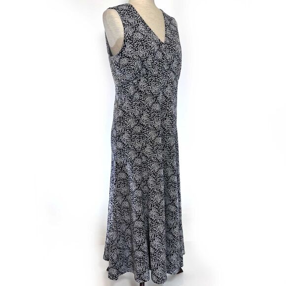 Liz Claiborne Navy Leaf Print Midi Dress Medium Stretch V-Neck - Picture 3 of 8
